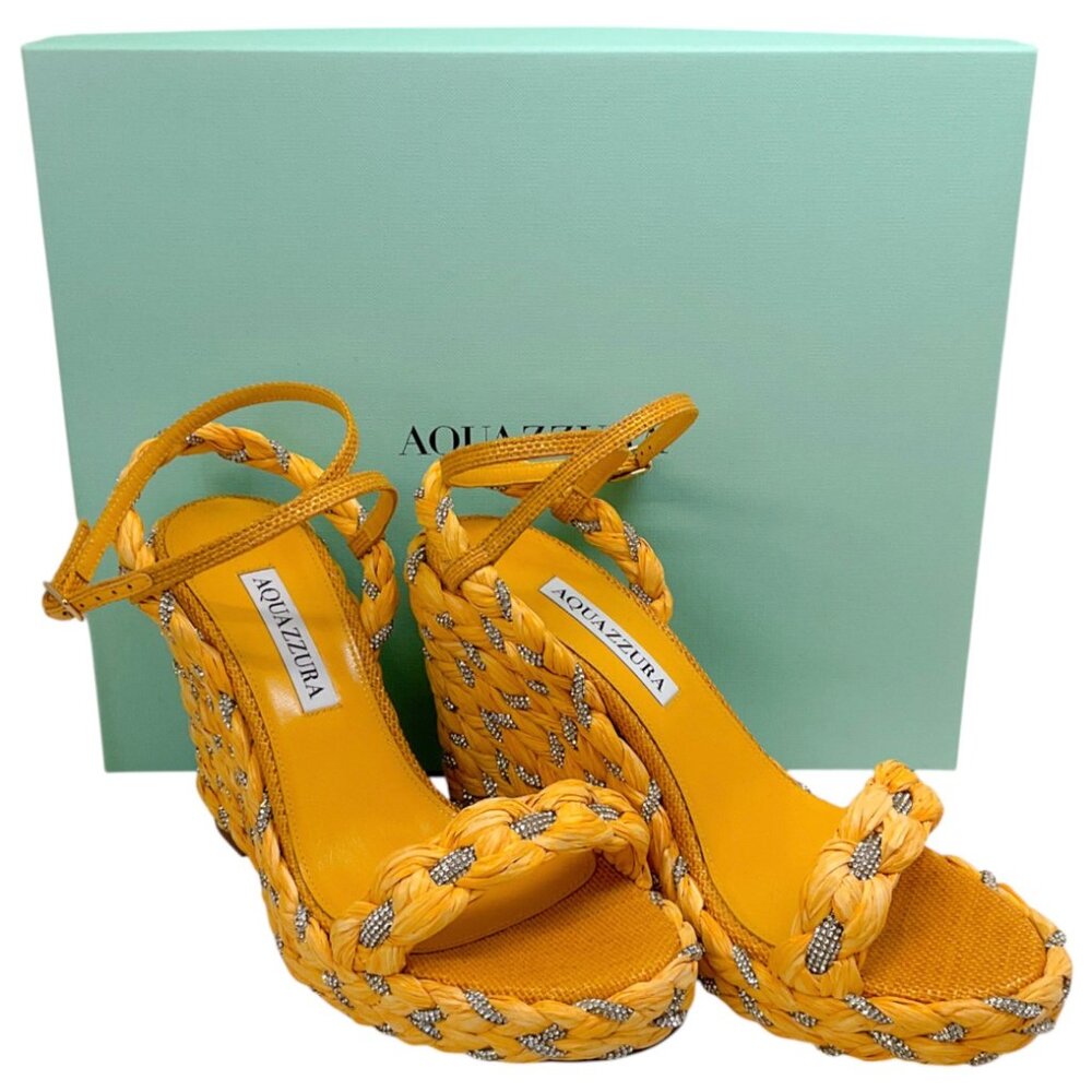 Aquazzura Lemonade Raffia Costiera Crystal Wedge Sandals - Picture 6 of 12